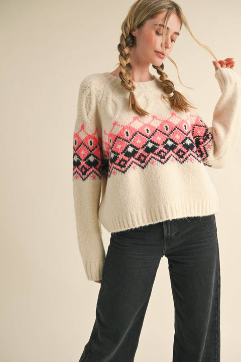 Fair Isle Sweater: Ivory & Pink