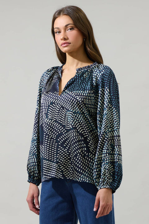 Kirby Geometric Jovie Split Neck Satin Raglan Blouse: NavyCream