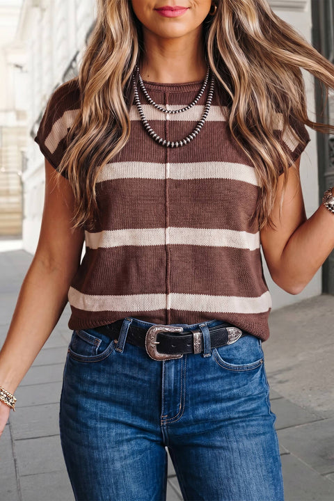 Striped Cap Sleeve Sweater Top – Brown Stripe