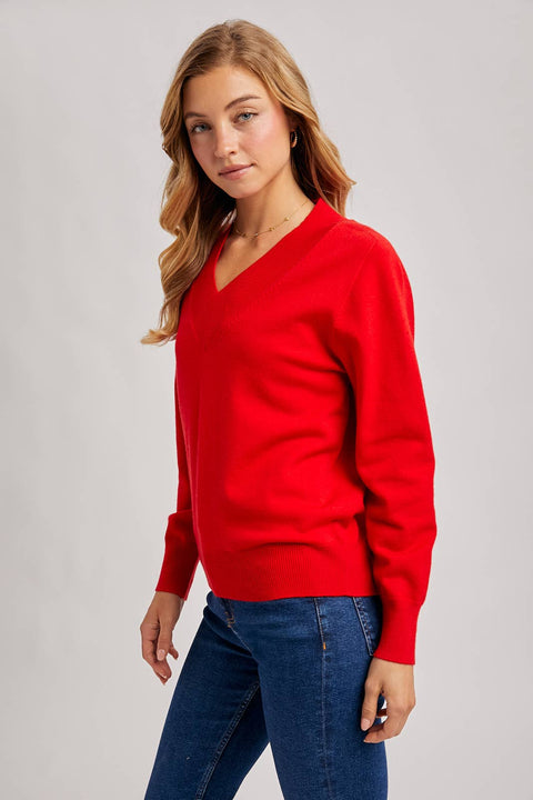 Ribbed V-Neck Knit Sweater: Ruby Red