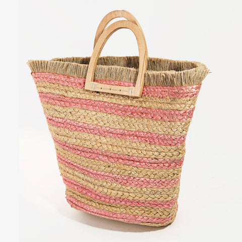 Collections by Fame Accessories-Straw Braided Striped Colored Tote Bag-Pink Dot Styles