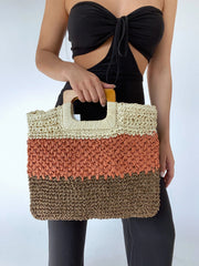 Collections by Fame Accessories-Three Tone Straw Braided Tote Bag (Final Sale)-Pink Dot Styles