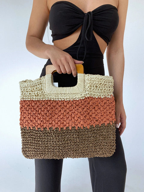 Collections by Fame Accessories-Three Tone Straw Braided Tote Bag (Final Sale)-Pink Dot Styles