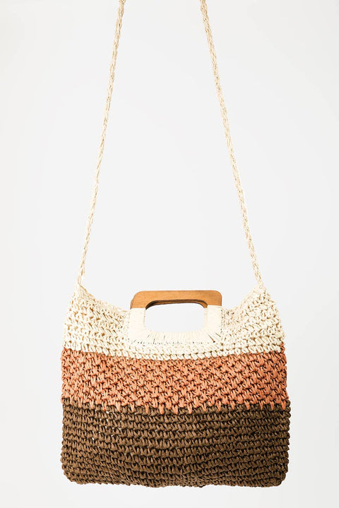 Collections by Fame Accessories-Three Tone Straw Braided Tote Bag-Pink Dot Styles