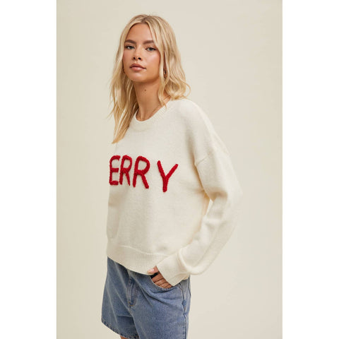 Wishlist Apparel-'MERRY' FLUFFY PATCH SWEATER / WL25-11921: CREAM/RED / L-Pink Dot Styles