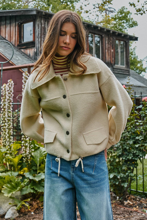 Urban Daizy-Sweater Knit Jacket with Detachable Collar: Ivory / SM-ML-Pink Dot Styles