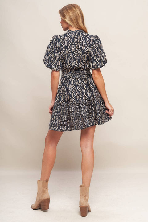 FLYING TOMATO-A printed woven mini dress - ID22812: NAVY / Contemporary / S-Pink Dot Styles