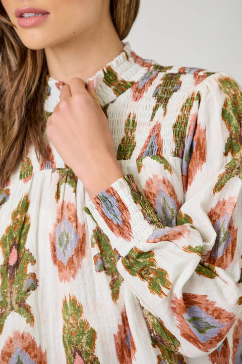 Mystree-Block Print Smocked Blouse-Pink Dot Styles