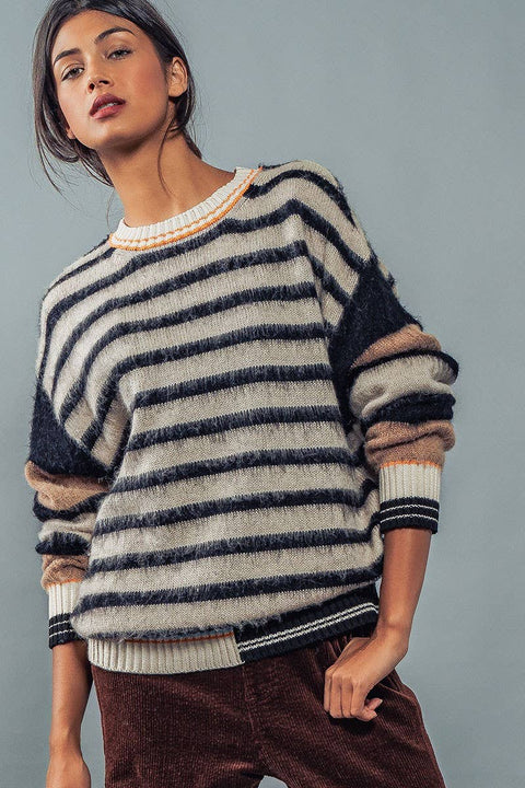 Urban Daizy-Striped Fuzzy Pullover : Multi / S-2/M-2/L-2-Pink Dot Styles
