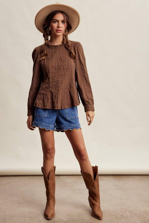 Chocolate Brown Ruffle Neck Blouse
