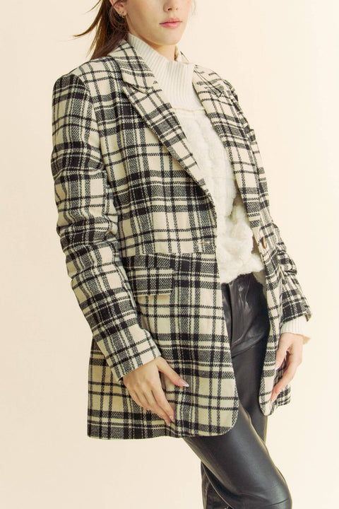 Davi & Dani-PLAID PLEATED DETAIL LONG SLEEVE BLAZER JACKET: IVORY BLACK / S-Pink Dot Styles