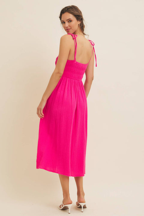 in february-VIBRANT SUMMER COTTON GAUZE SMOCKED MIDI DRESS WITH TIE STRA: HOT PINK / L-Pink Dot Styles
