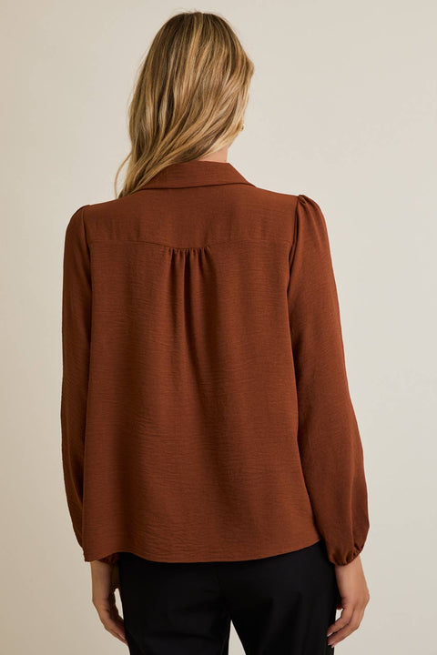 Brown Collar Tie Pleated Blouse