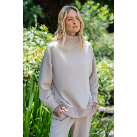 Rae Mode-Modal Scuba Mock Neck Pullover: Mocha Cream-Pink Dot Styles