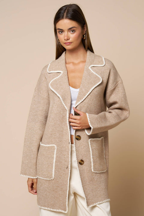 Contrast Trim Button Front Coat: Taupe