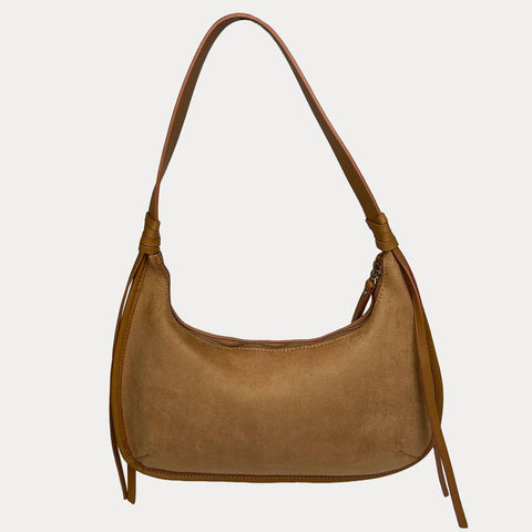 AHDORNED-Sara Solid Suede Shoulder Bag w/ Tassels: Camel-Pink Dot Styles