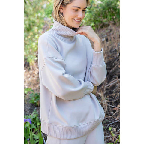 Rae Mode-Modal Scuba Mock Neck Pullover: Mocha Cream-Pink Dot Styles