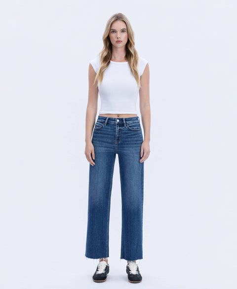 FLYING MONKEY-High Rise Trouser Press Wide Leg Jeans-Pink Dot Styles