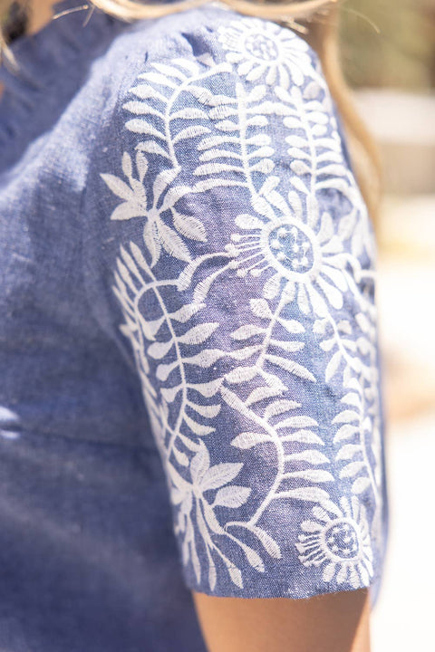 VOY-Embroidered Chambray Top-Pink Dot Styles
