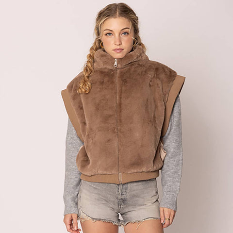 Sensibling Corp.-Faux Fur Rib Sleeve Vest-Pink Dot Styles