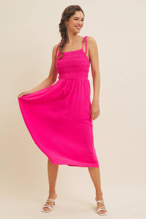 in february-VIBRANT SUMMER COTTON GAUZE SMOCKED MIDI DRESS WITH TIE STRA: HOT PINK / L-Pink Dot Styles