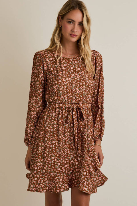 GILLI-Mocha Taupe Floral Dress-Pink Dot Styles