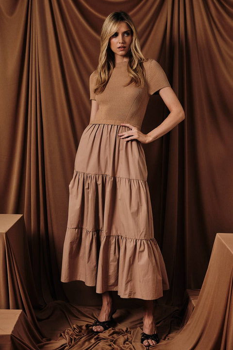 Sunday Edition by LE LIS-Mixed Media Knit and Woven Midi Dress-Pink Dot Styles