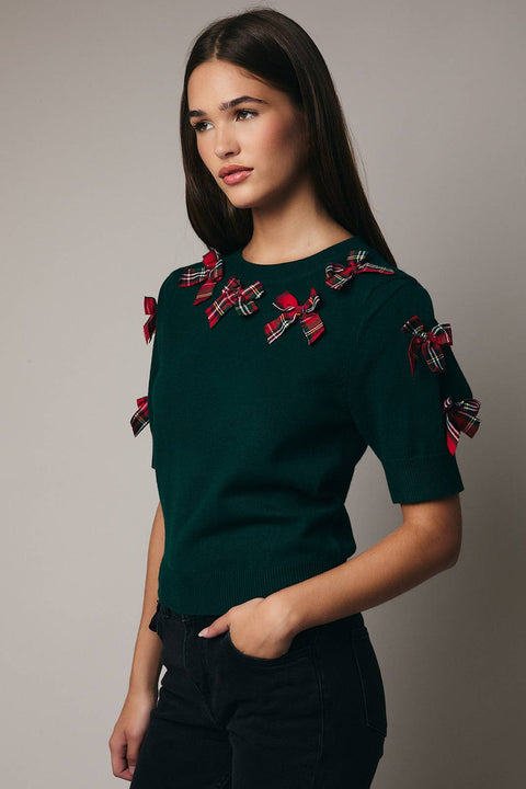 Green Sweater with Mini Tartan Bows