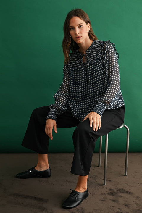 Plaid Blouse with Smocking: Navy