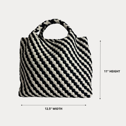 AHDORNED-Lily Woven Neoprene Tote with Pouch: NAVY/ECRU-Pink Dot Styles