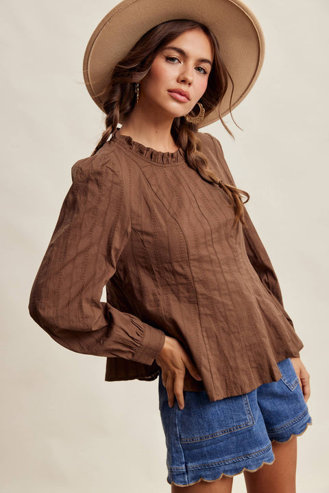 Chocolate Brown Ruffle Neck Blouse