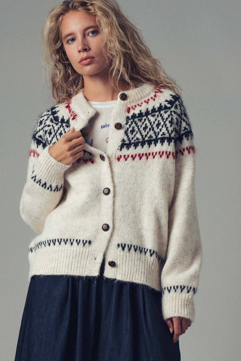 Fair Isle Nordic Toggle Knit Cardigan: Ivory