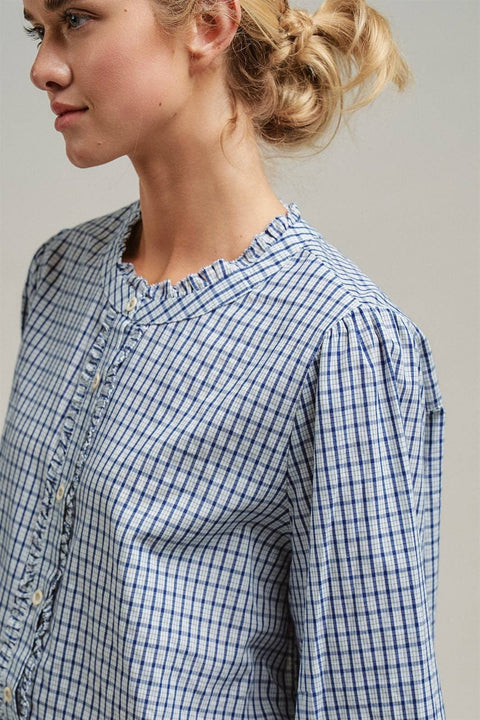 Navy Windowpane Check Ruffle Placket Cotton Blouse
