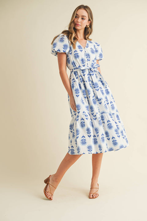 Floral Puff Sleeve Midi Dress