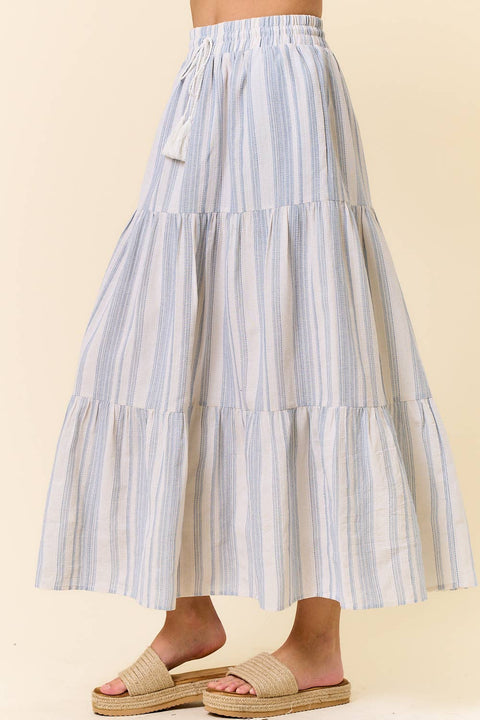 Doe and Rae-Striped Tiered Maxi Skirt: Blue and White-Pink Dot Styles