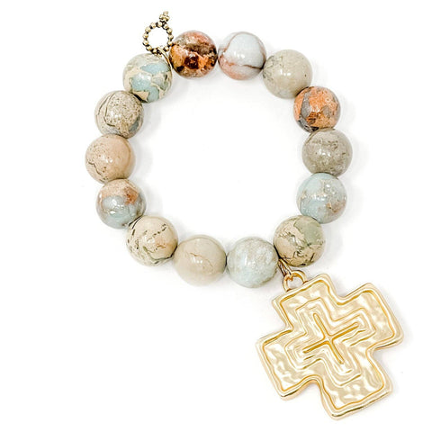 Aqua Terra Jasper with Large Brushed Gold Cross: Average 7"
