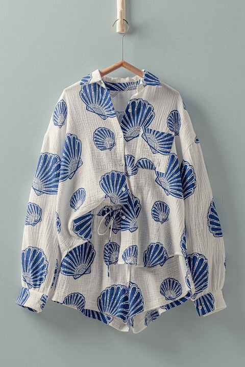 Urban Daizy-Seaside Blue Shell Cotton Gauze Shirt & Short Set-Pink Dot Styles