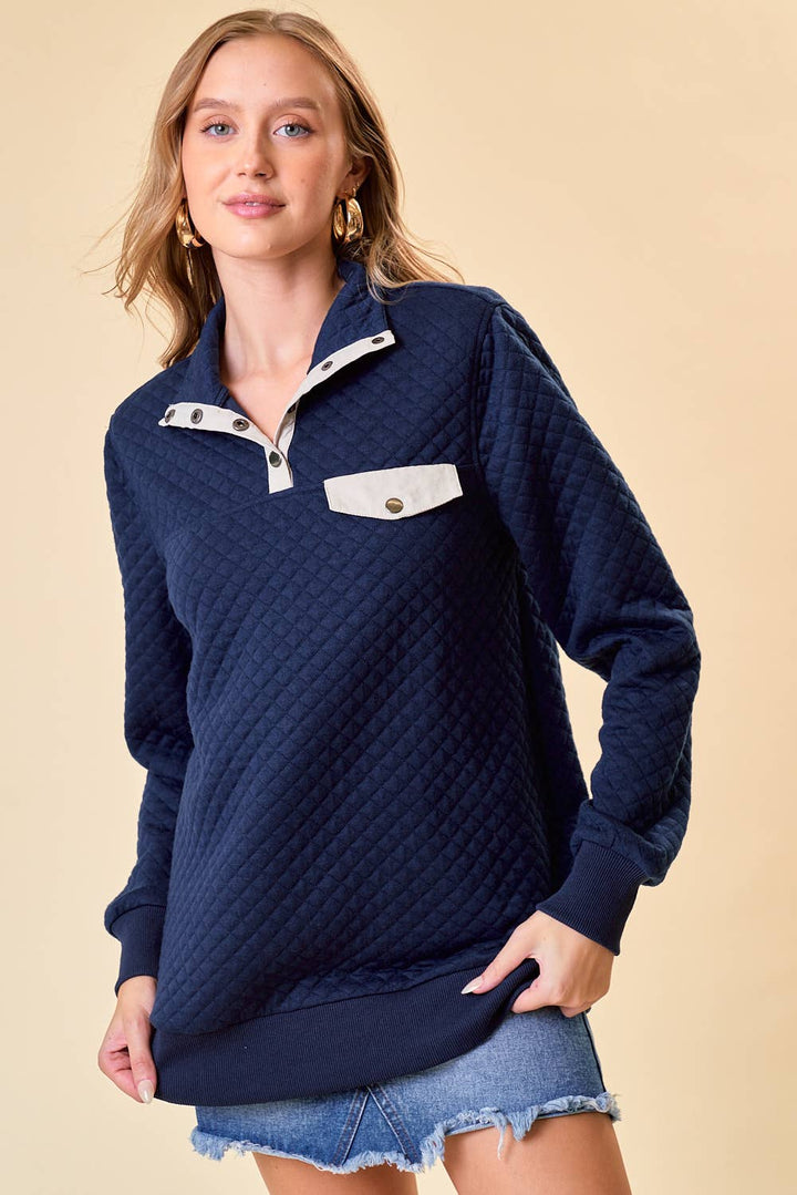 Doe and Rae-Diamond Pattern Pullover: Navy-Pink Dot Styles