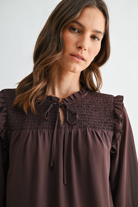 Chocolate Brown Ruffle Neck Blouse