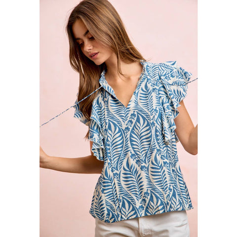 Botanical Printed Ruffle Sleeve Top