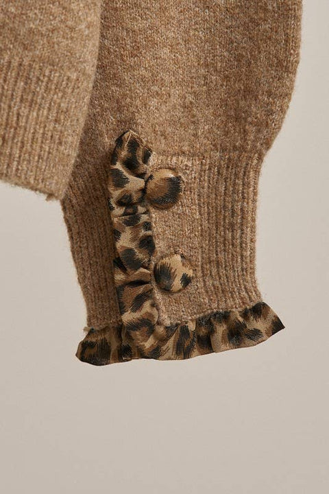 Leopard Ruffle Trim Knit Cardigan: Camel