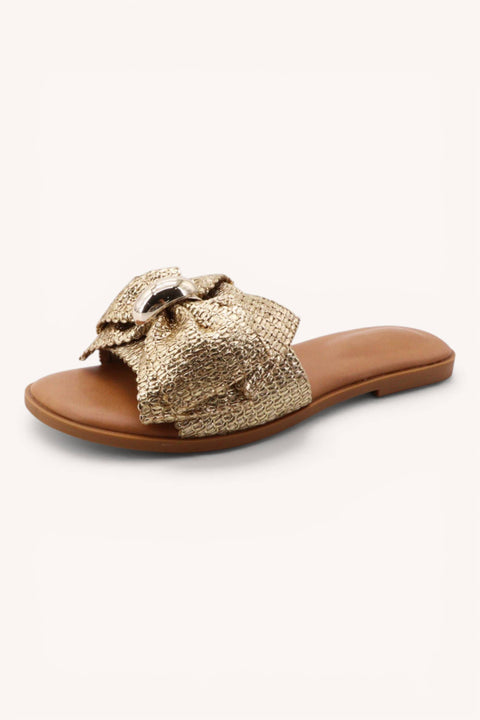 Gold Raffia Puff Bow Sandals