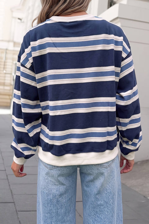 Striped Crew Neck Dropped Shoulder Sweatshirt | S-XL : Blue Stripe / M