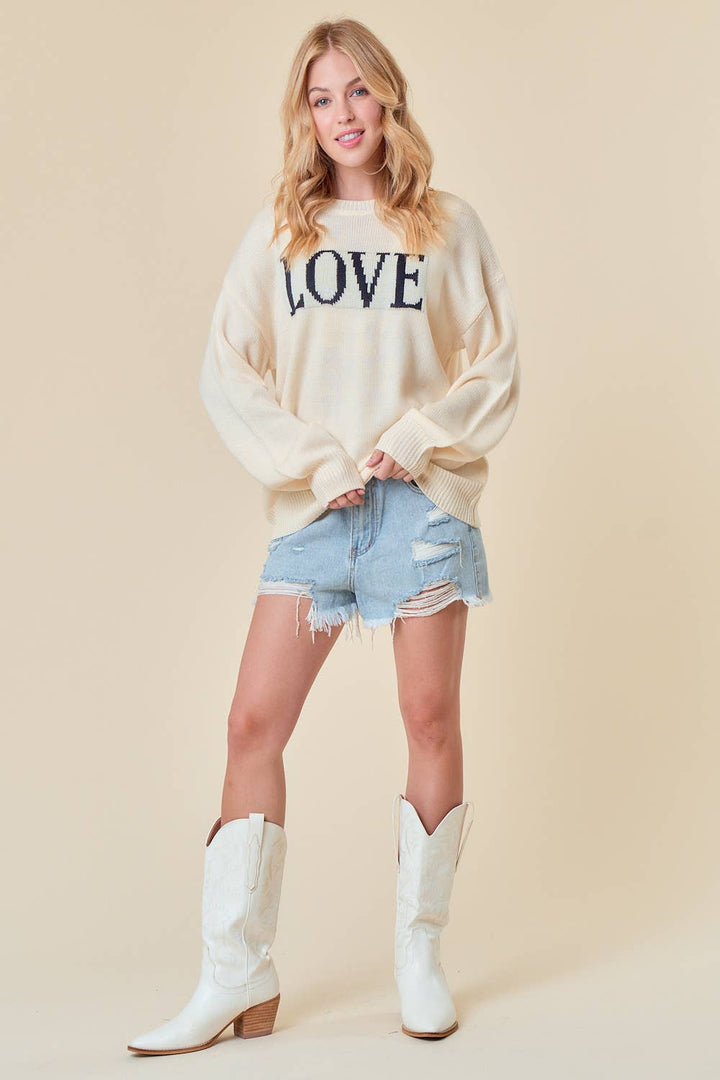 Doe and Rae-LOVE Embroidery Sweater-Pink Dot Styles