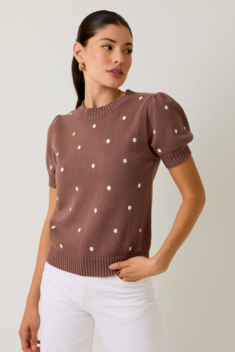 Sunday Edition by LE LIS-ROUND NECK PUFF SHORT SLEEVE "POLKA DOT" EMBROIDERED SWEATER: MOCHA-IVORY DOT / S-Pink Dot Styles