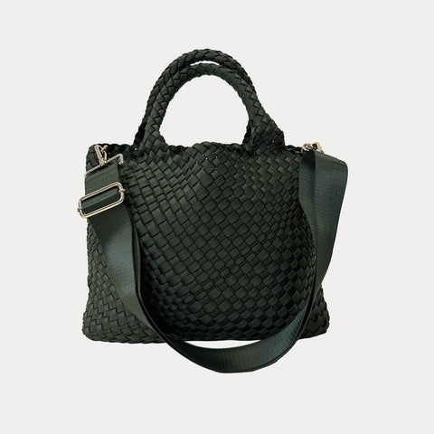 AHDORNED-Lily Woven Neoprene Tote with Pouch: NAVY/ECRU-Pink Dot Styles