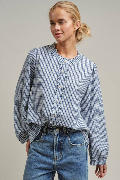 Navy Windowpane Check Ruffle Placket Cotton Blouse