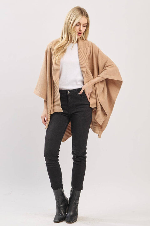 MS0455 Soft Knit Open Front Shawl With Ribbed Trim: Ivory