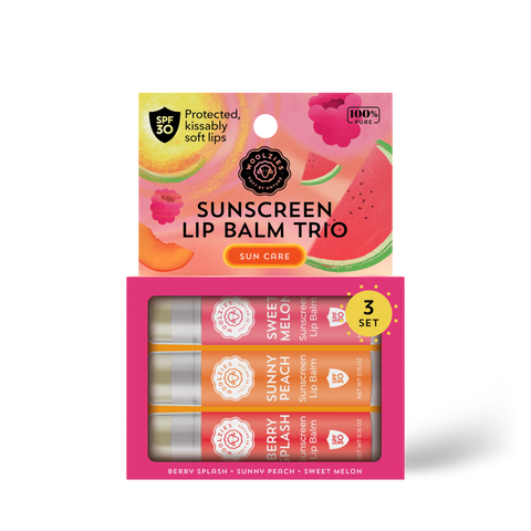 Woolzies-SPF Sunscreen Lip Balm Trio Sweet Melon, Sunny Peach, Berry-Pink Dot Styles