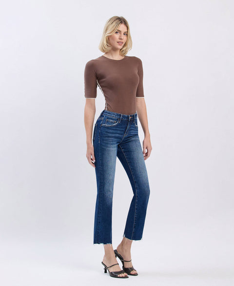 Lovervet by VERVET-Dark Wash Mid Rise Mini Bootcut Jeans-Pink Dot Styles